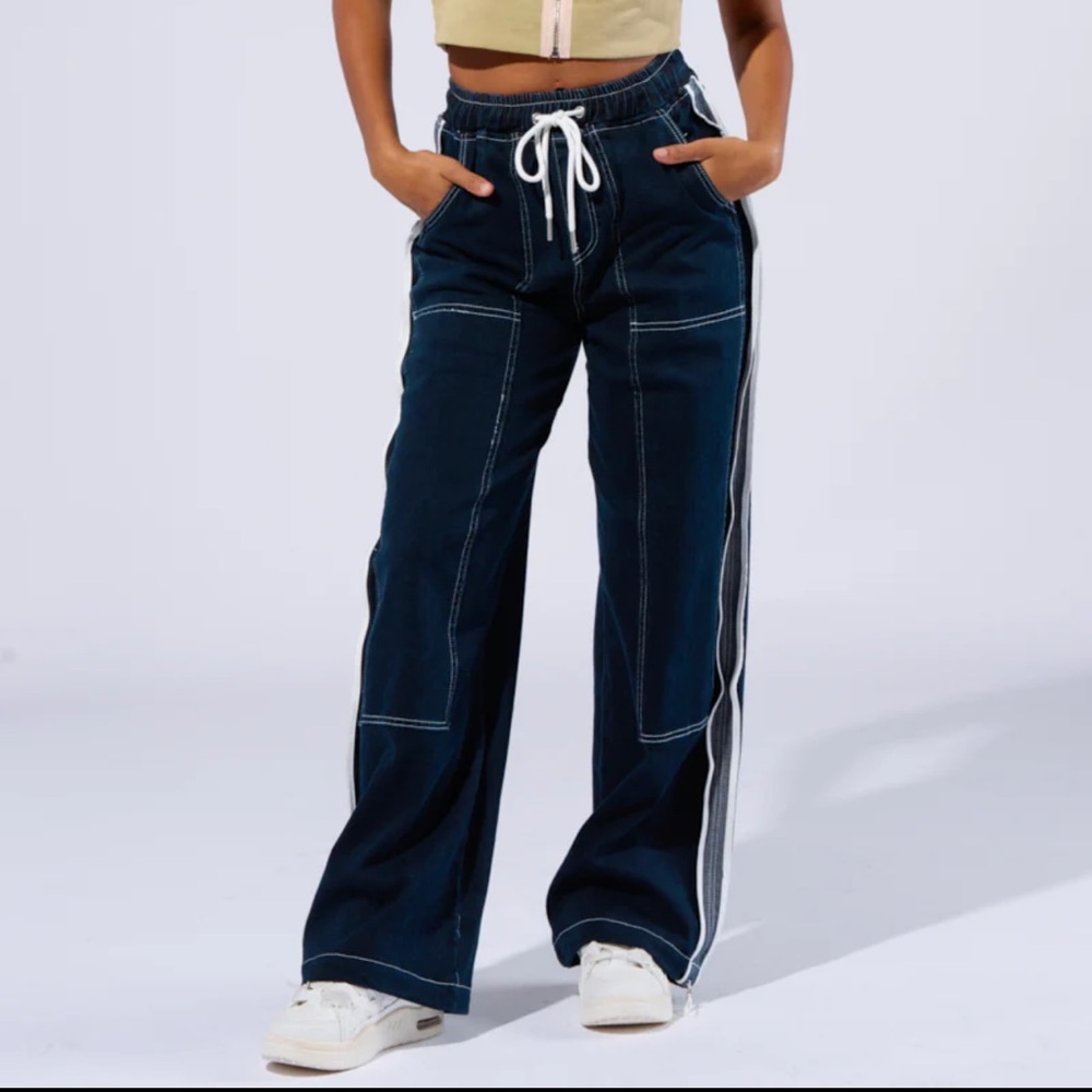 AKIRA Navy Blue Striped Jogger Track Pants